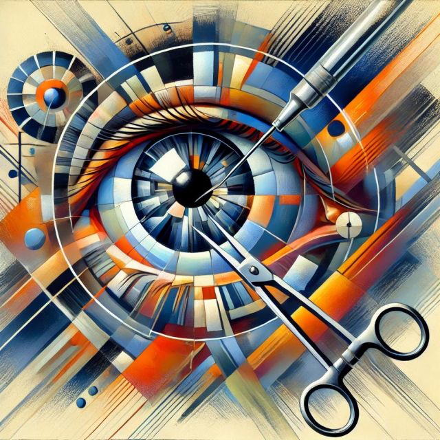 En la imagen poner en el subtítulo: Imagen generada por IA: DALL·E. Representación artística inspirada en el cubismo o el arte de vanguardia, que ilustra el concepto de cirugía con lentes intraoculares.